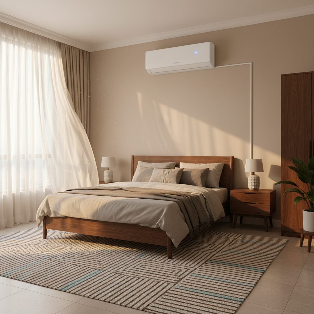 Aircond Toshiba dipasang di dinding ruang tamu rumah Malaysia