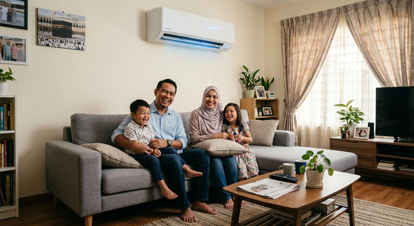 Keluarga menikmati kesejukan aircond Toshiba di ruang tamu