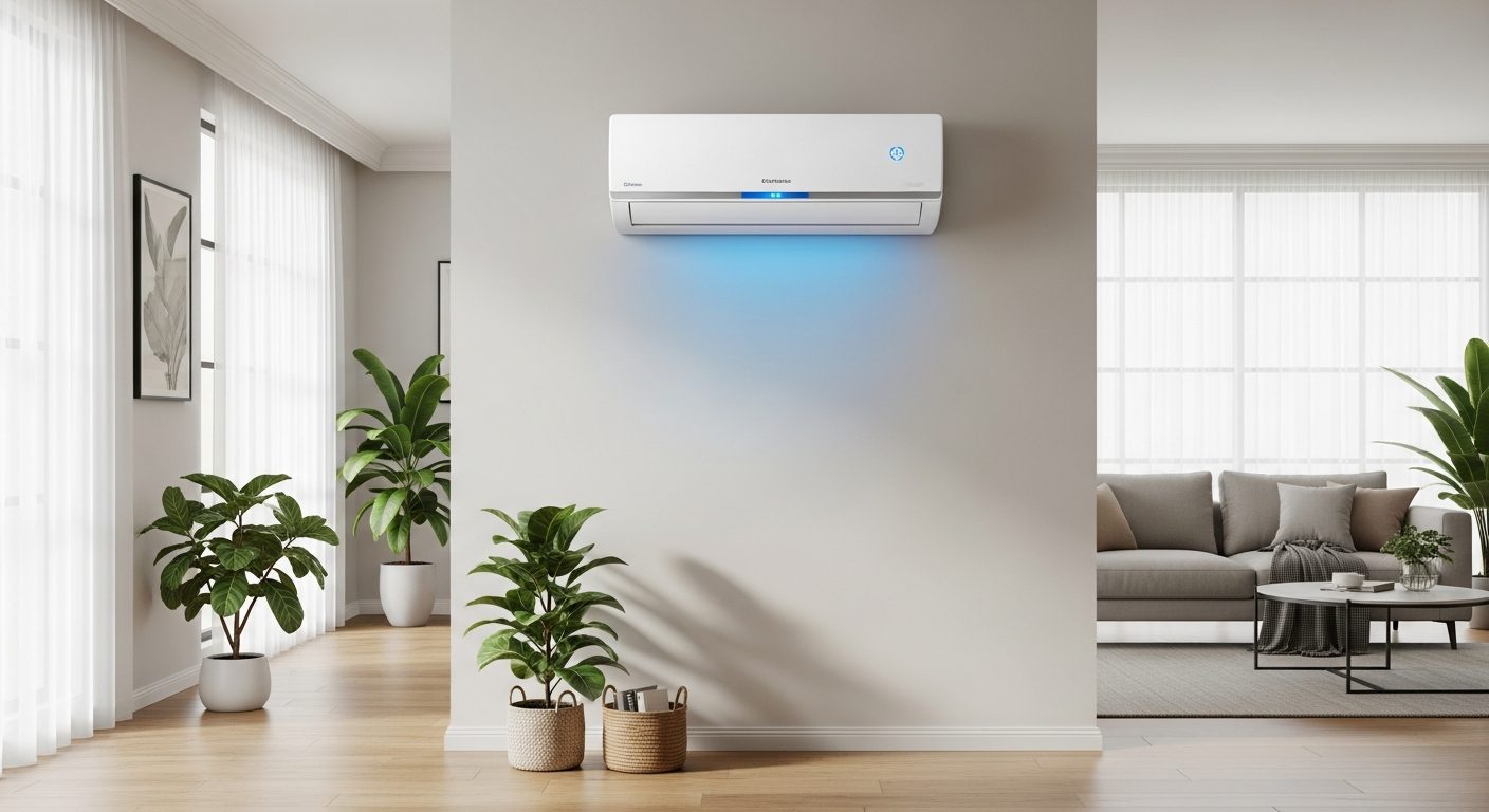 Aircond Toshiba dipasang kemas di dinding ruang tamu rumah Malaysia