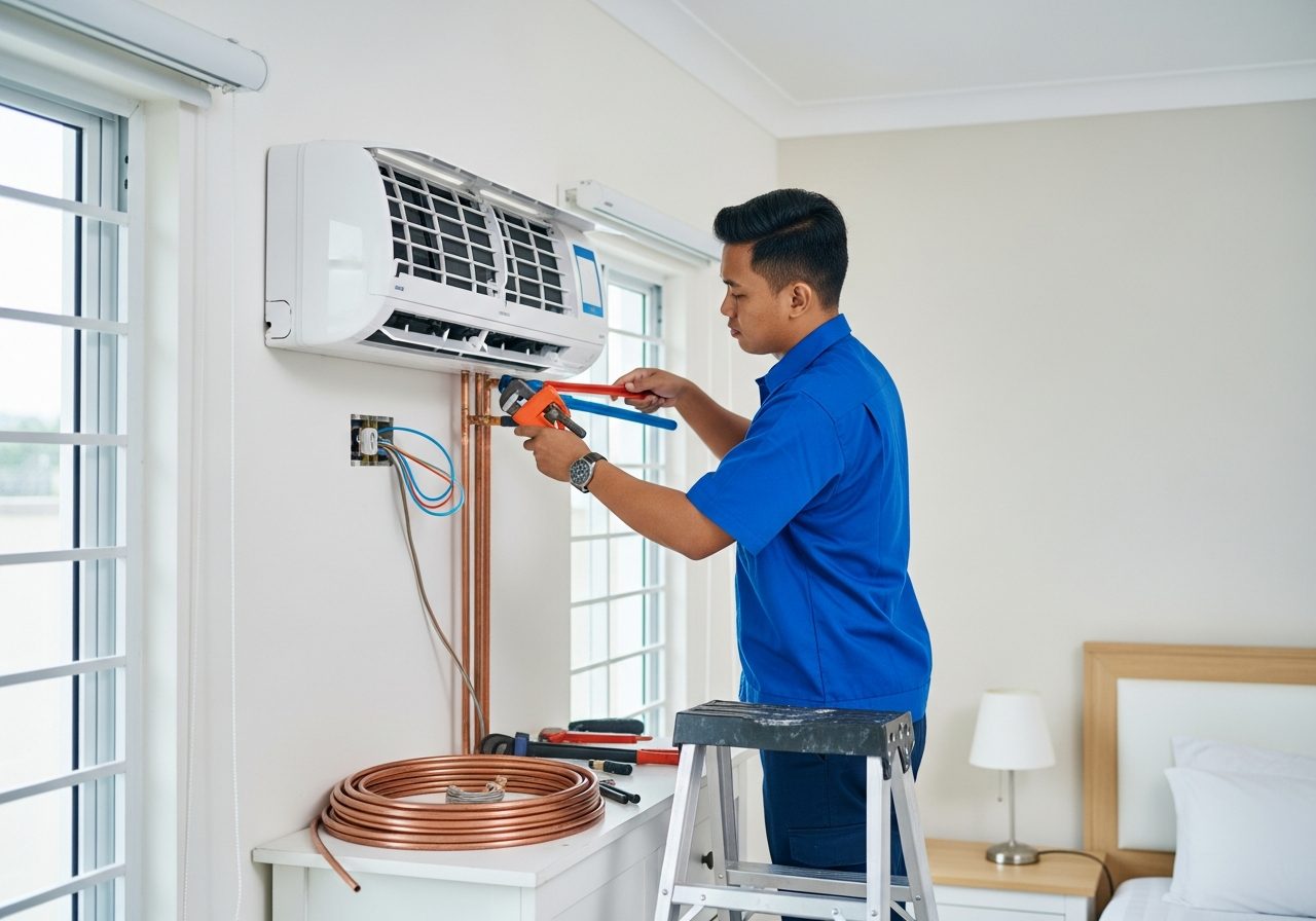Juruteknik bertauliah memasang unit dalaman aircond Toshiba